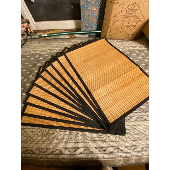 Set of 10 Bamboo Slat Placemats Natural with Black Binding 13 in X 19 in VGUC - Picture 7 of 8